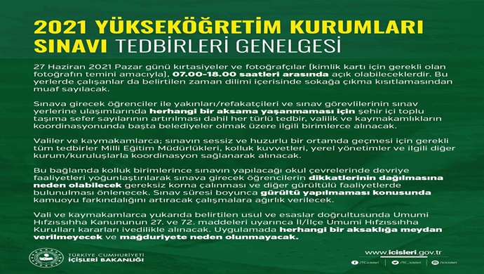 Bakanlık 81 İl Valiliğine 2021 Yükseköğretim Kurumları Sınavı Tedbirleri Genelgesi Gönderildi