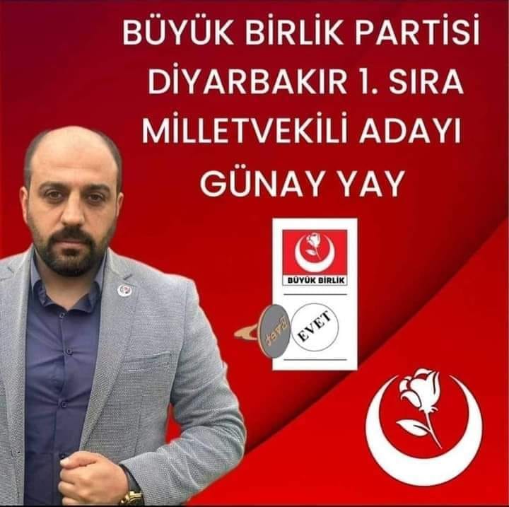 Bir 1 kişi ve şunu diyen bir yazı 'BÜYÜK BİRLİK PARTİSİ DİYARBAKIR 1. SIRA MİLLETVEKİLİ ADAYI GÜNAY YAY BUYUK BİRLİK EVET' görseli olabilir